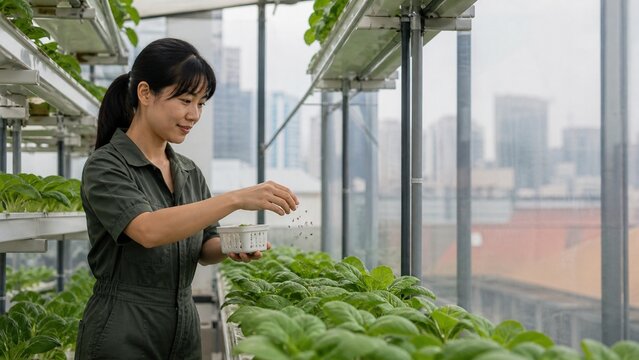 Lush green foliage thrives under bright natural light; an indoor garden setting suggests tranquility and fresh air quality; perfect for biophilic design inspiration or urban farming displays