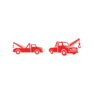 Red tow trucks icon set for towing services and vehicle recovery themes