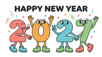 Fototapeta premium Happy New Year 2027 Cartoon Character Numbers Celebration 3.