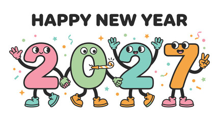 Fototapeta premium Happy New Year 2027 Cartoon Character Numbers Celebration 4.