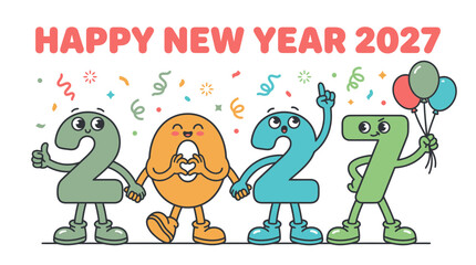 Fototapeta premium Happy New Year 2027 Cartoon Character Numbers Illustration 16.