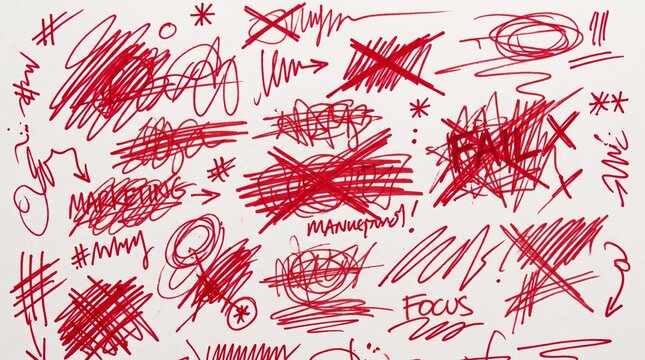 Chaos scribbles in red marker pen on white paper background