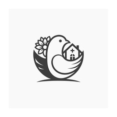 Naklejka premium Bird holding house and flower logo design