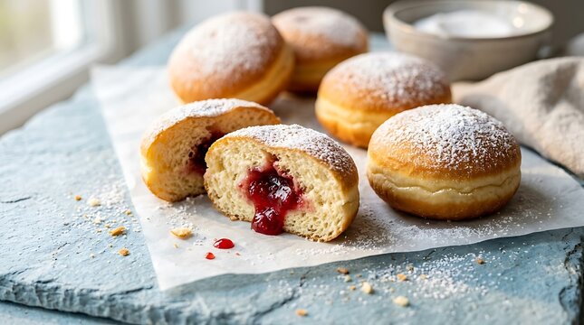 Fresh Berliner Jelly Donuts dusted with Powdered Sugar, Halved showing Red Fruit Jam Filling on Rustic Light Blue Stone Surface, Traditional German Krapfen Pastry for Carnival and Bakery Promotion.