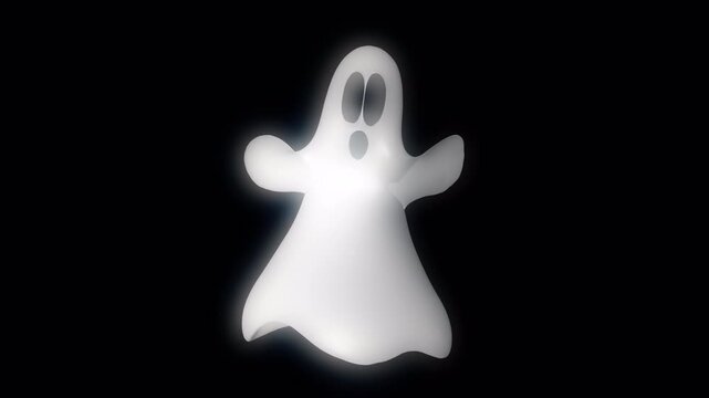 Animated white ghost character dancing on black background with glowing ethereal effect. Spooky spirit figure moving rhythmically for Halloween party celebration. Alpha channel.