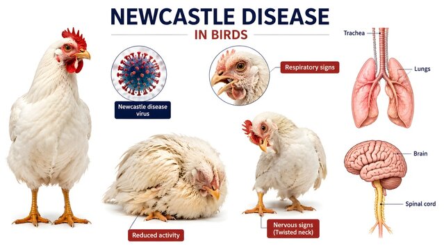 Newcastle Disease in Birds &ndash; Viral Respiratory and Nervous Disease Veterinary Infographic