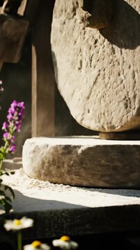 Ancient millstone grinding flour with purple flowers and daisies in soft sunlight outdoors