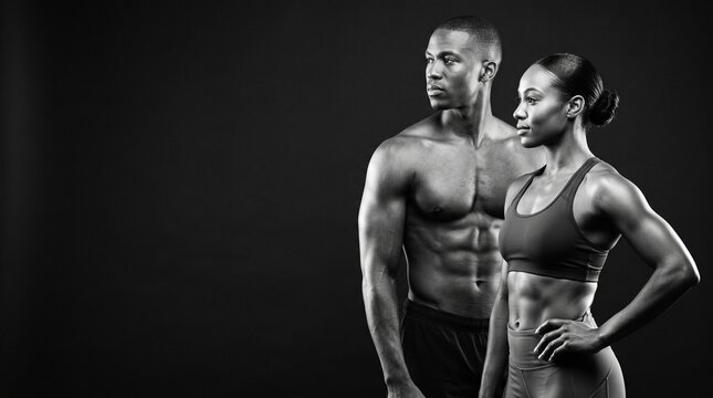 Fit African American man and athletic woman posing together with confident expressions in professional studio lighting against a dark black background showcasing their toned muscular bodies