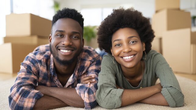 Happy couple relaxing in new home surrounded by moving boxes