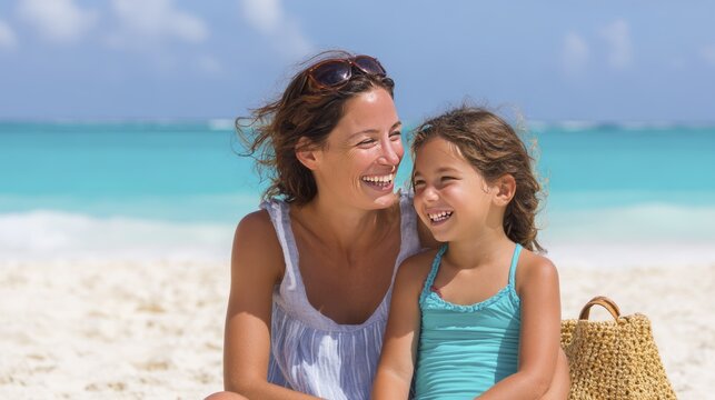 Mother and daughter smiling together on a sunny beach day