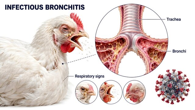 Infectious Bronchitis in Chickens &ndash; Avian Respiratory Disease Veterinary Educational Illustration
