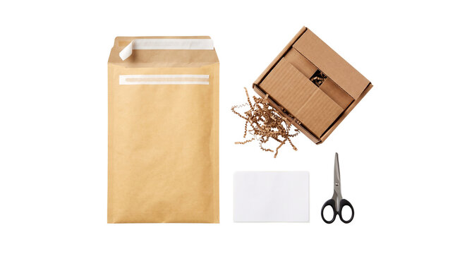 Cardboard shipping box, paper mailer, and scissors isolated on white background