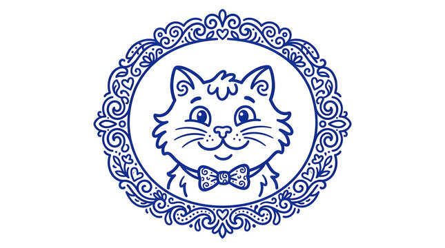 Cute cartoon cat face in ornate cobalt blue floral frame vector illustration isolated on transparent background