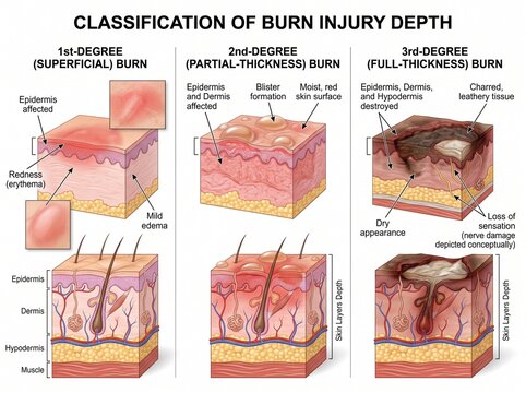 Burn classification: superficial first-degree burns, partial-thickness second-degree burns, and full-thickness third-degree burns.