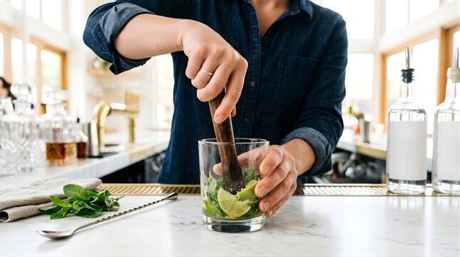 Bartender muddling fresh lime and mint leaves in a glass at a bar counter