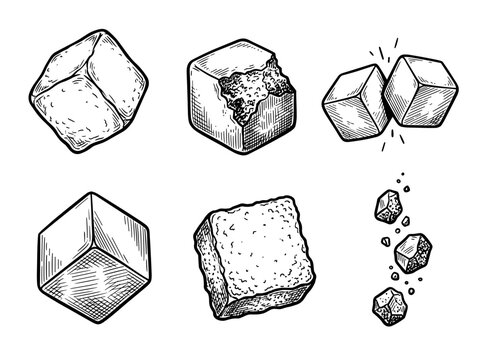 Hand drawn falling sugar cubes, monochrome engraved vector illustration of crystalline blocks on white