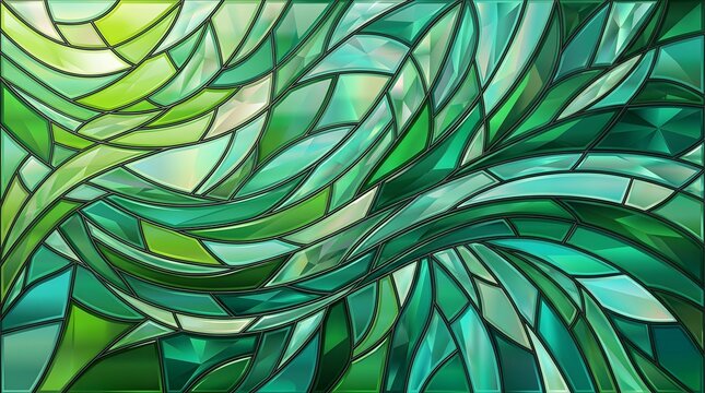 Abstract stained glass wave pattern in shades of green and teal decorative mosaic