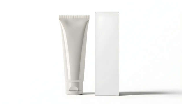 Minimalist white cosmetic tube and box packaging mockup for skincare product branding design