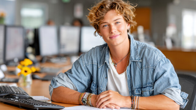 Young male operator at communal workstation with multiple monitors for data analysis and office team background usage