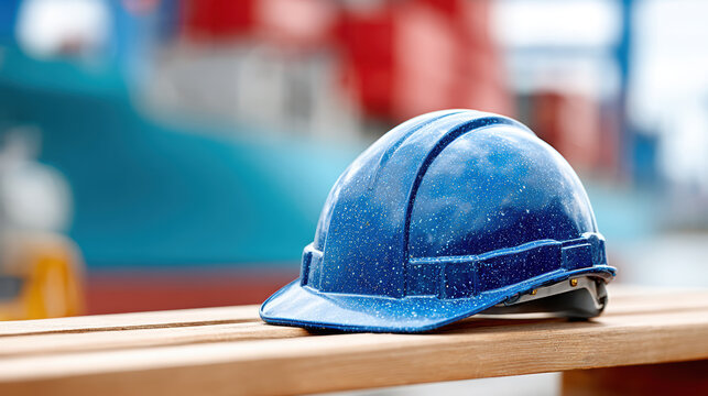Blue construction helmet on wooden beam close up for labor day workforce safety and industrial branding and recruitment materials with shallow depth of field