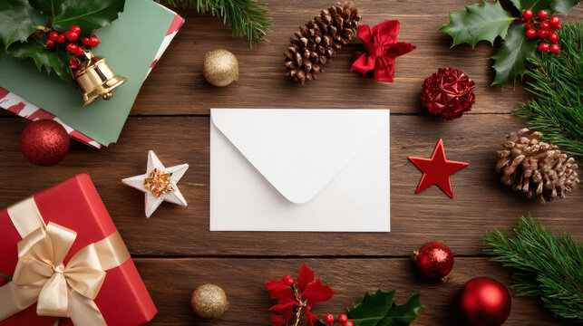 Christmas composition with blank envelope, gift box, ornaments, pine cones, fir branches and holly on wooden table. Festive flat lay for holiday greetings or invitations.