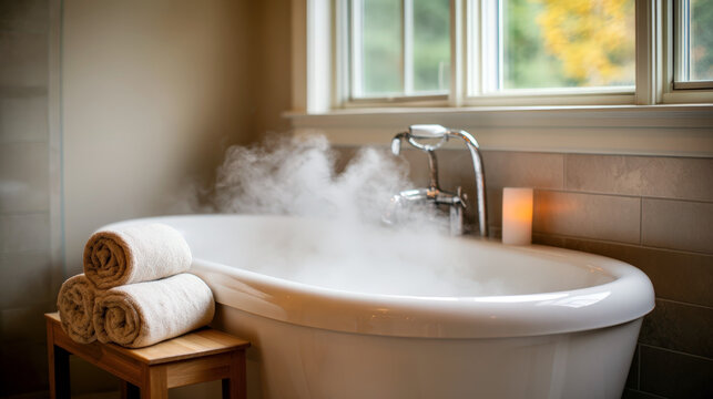 Bright home spa bathroom with a smooth white soaking tub for relaxation and comfort