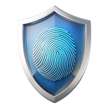 A metallic shield icon featuring a blue fingerprint design isolated on transparent background