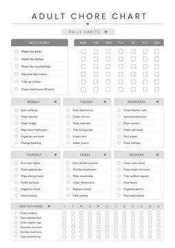 Adult Chore Chart Planner Template for Organizing Household Tasks and Cleaning Routines
