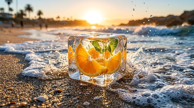 A large ice cube containing fresh orange slices and mint leaves on a sunny tropical beach