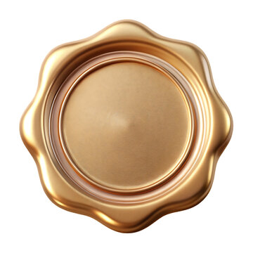 A shiny golden wax seal stamp with a circular blank center isolated on transparent background