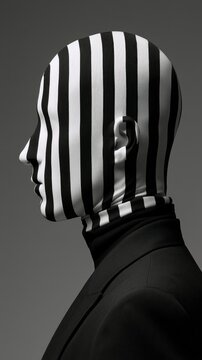 Man with a striped face and a black and white striped head creative portrait