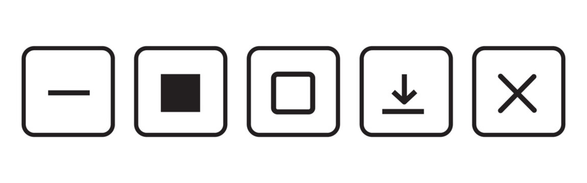 Set of UI icons for computer interface featuring minimize stop square download and delete