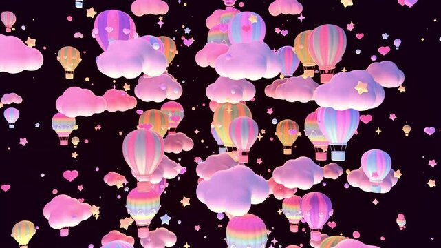 Cartoon hot air balloons, stars, and clouds in the night sky animation. (loop)