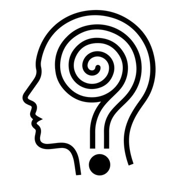 Human head profile silhouette with spiral question mark mental health concept, question
