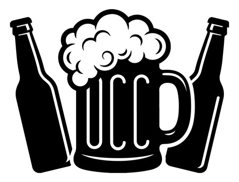 Typography design featuring beer mug with frothy head and two bottles, beverage