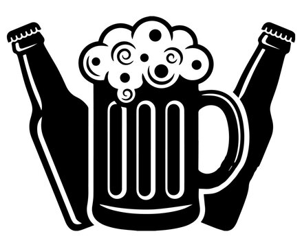 Black silhouette of beer mug with frothy head and two bottles on white background