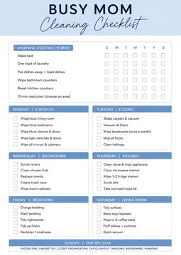 Busy Mom Cleaning Checklist Template with Daily and Weekly Household Tasks