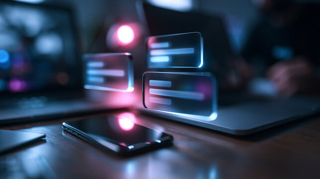 Futuristic Digital User Interface Floating Above Laptop and Smartphone
