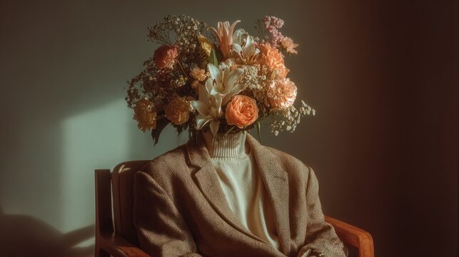 Man sitting in a chair with a vase of flowers on his head creative portrait