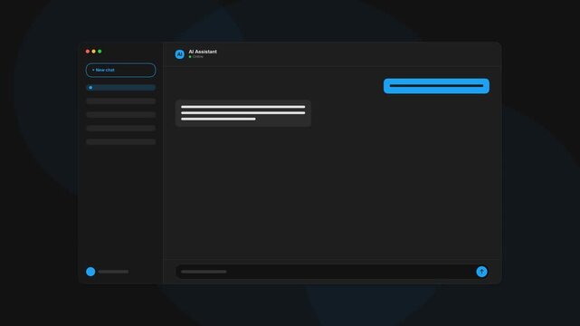 Modern dark mode chat interface mockup with animated blue message bubbles