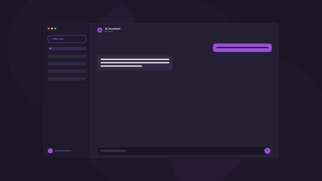 Chat interface mockup with purple glowing elements and dark ui design