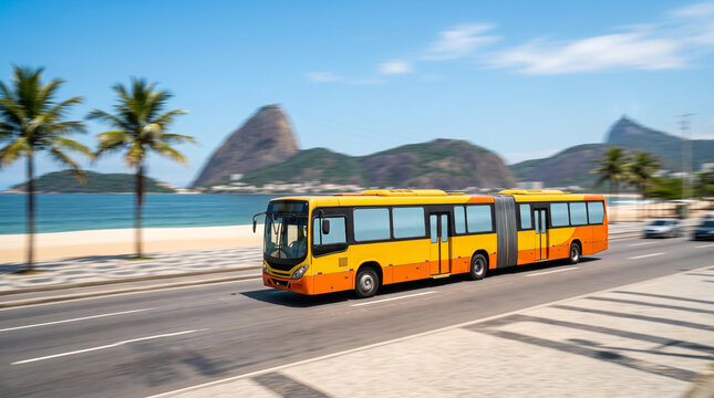 Articulated Bus Driving Along Beach in Rio de Janeiro