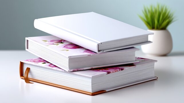Stacked softcover book mockup templates with floral endpapers and leather bookmark on clean desk for stationery branding, paperback layout previews and elegant display