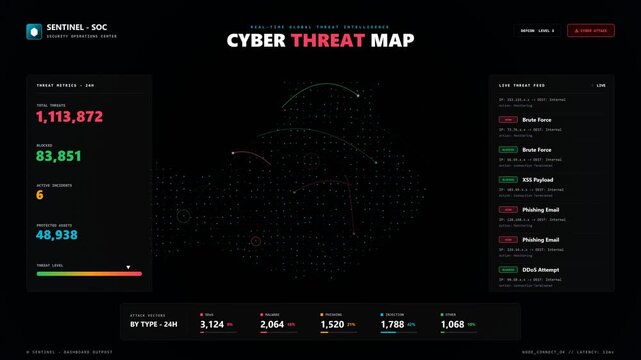 Cyber threat map digital security dashboard showing real time network attacks