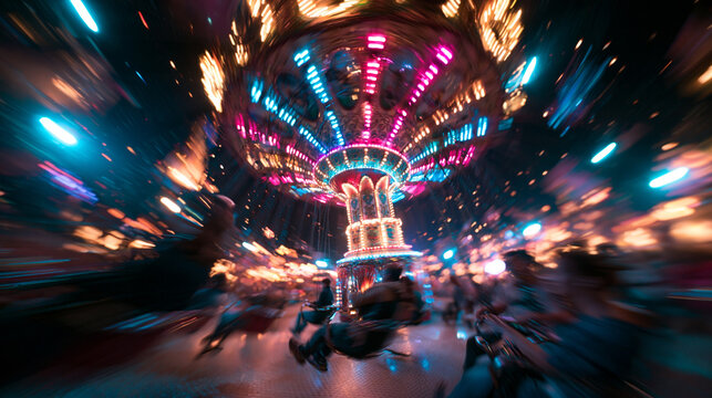 Illuminated Carousel Swing Ride Spinning at Amusement Park