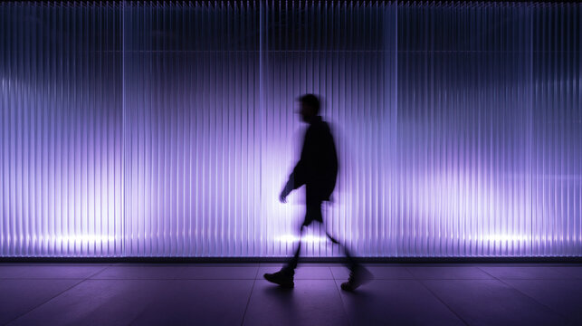 Motion Blur Silhouette of Person Walking Past Purple Illuminated Wall