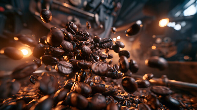 Roasted Coffee Beans Flying in Roaster Machine