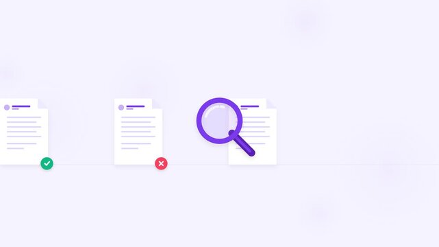 Document audit process with magnifying glass and check mark symbols animation