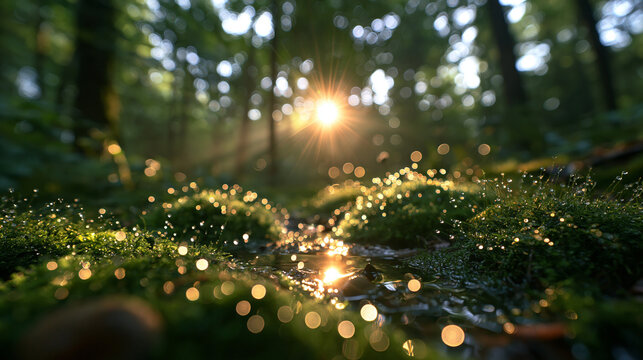 Morning Dew Drops on Forest Moss with Golden Sunrise