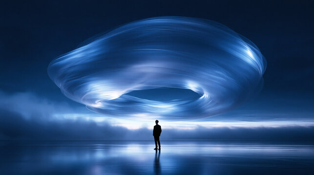 Silhouette of Suited Man Under Futuristic Glowing Vortex Portal